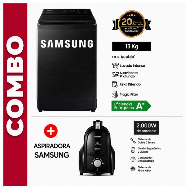 Lavadora 13 Kg Eco Inverter WA13CG5441BVPE Negro + Aspiradora
