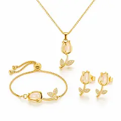 GENERICO - Set Joyería Tulipán Mujer Collar Pulsera y Aretes Dorado Elegante Waterproof