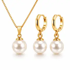 GENERICO - Set Collar y Aretes de Perla Mujer Acero Inoxidable Dorado Elegante Waterproof