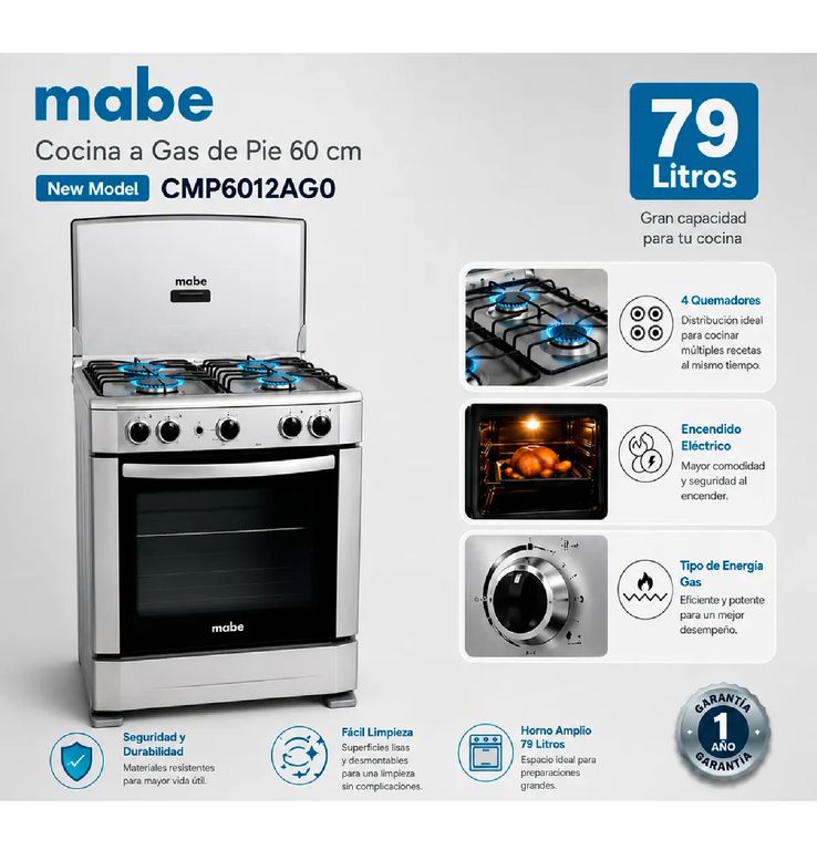 Cocina a Gas CMP6012AG1 de 60cm con 4 Quemadores - Silver