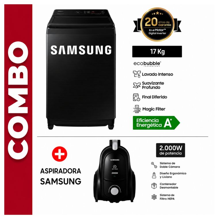 Lavadora 17 Kg EcoBubble Carga Superior WA40F17E7CPE Gris Grafito + Aspiradora