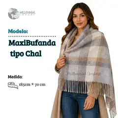 GENERICO - Chalina Diseño Moderno Abrigador Bufanda 185cm x 72cm Modelo a Cuadros Gris
