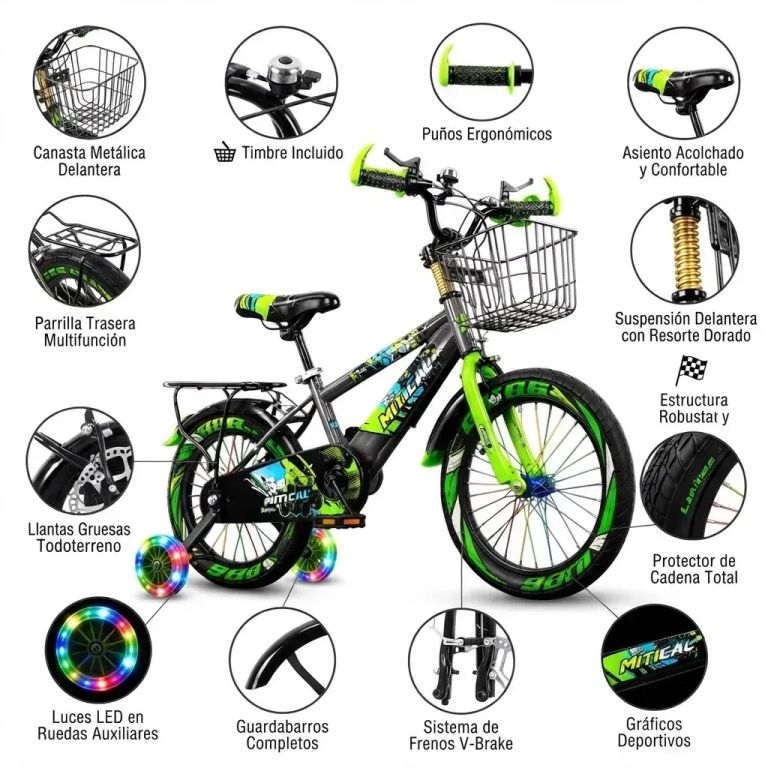 Bicicleta Aro 16 para Niños con Luces LED Multicolor, Canast