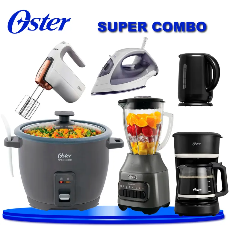 Combo 6 en 1: Arrocera 1.8L + Licuadora 6 Vel. + Cafetera 5 Tazas + Hervidor + Batidora + Plancha
