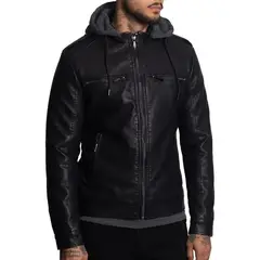 THE CULT - Casaca Biker en eco-cuero con capucha convertible con cierre– ideal para climas frios