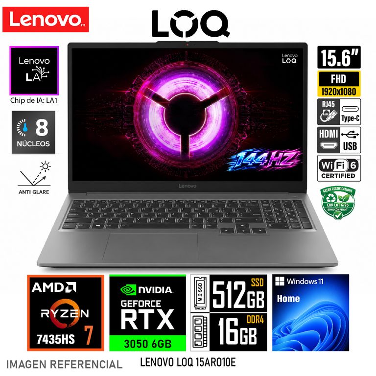 Laptop LOQ Essential 15ARP10 (Pantalla 15.6" IPS 144HZ) Ryzen 7 / RAM 16GB / SSD 512GB