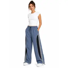ENKI - Pantalon Deportivo Power Track Wide Leg Plomo gris Franjas 3 Rayas Blancas Mujer Cintura Elasticos