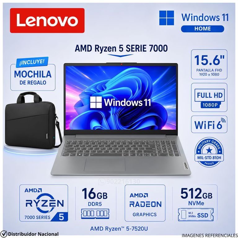 Laptop Notebook IDEAPAD SLIM 3 15AMN8 Ryzen™ 5 7520U 16GB RAM 512GB SSD MALETÍN - 82XQ00N6LM
