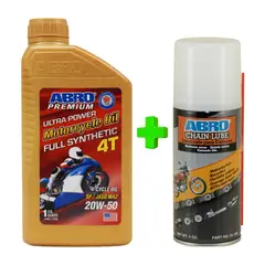 ABRO - Aceite para Moto Full Sintético 20W50 SP JASO MA2 1QT + Lubricante de Cadenas CL-100-CH