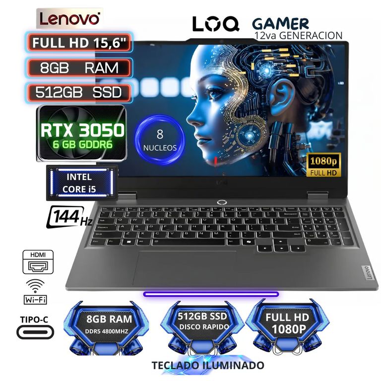 Laptop Gamer LOQ 15IAX9 15.6" FHD Intel Core i5-12450HX 8GB RAM 512GB SSD RTX3050-6GB 83GS000BLM
