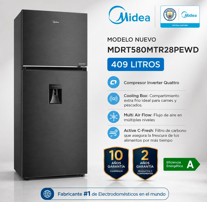 MDRT580MTR28PEWD - Refrigeradora 409L 2 Puertas C/Dispensador Inox Negra