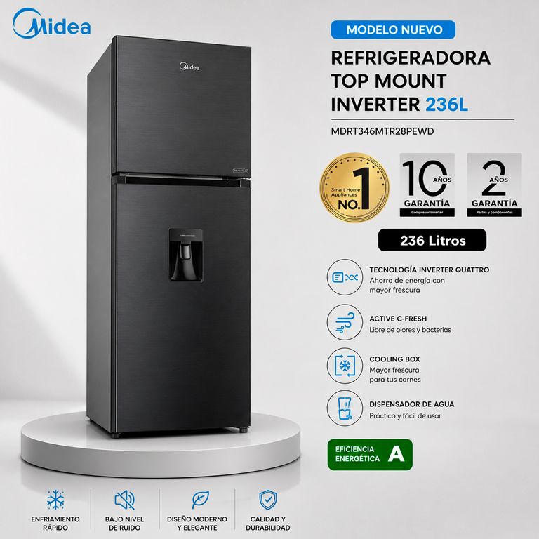 MDRT346MTR28PEWD - Refrigeradora Top Mount Inverter 236Lts Inox Negra,