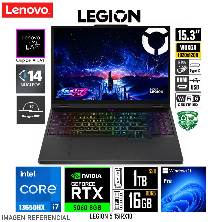 Laptop LEGION 5 15IRX10 (Pantalla 15.3" WUXGA IPS 165HZ) i7-13650HX RAM 16GB / SSD 1TB + MOCHILA