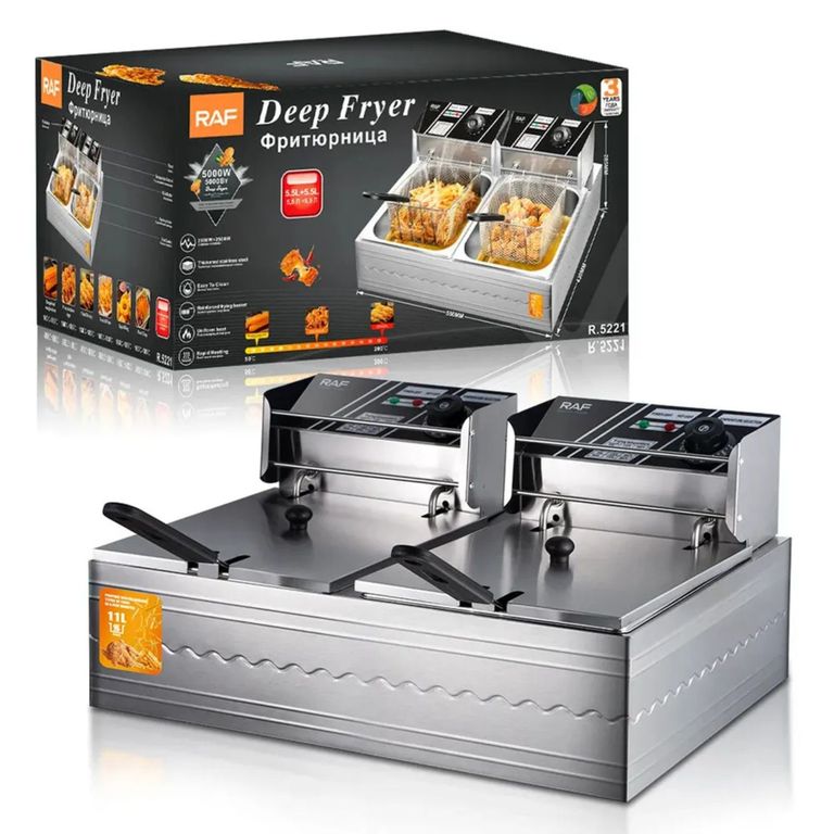 Freidora Eléctrica Doble Canastilla 11 litros Acero Inoxidable 5000 W RAF R.5221
