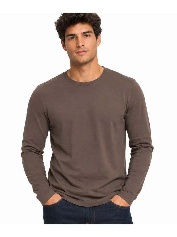 Polo Manga Larga Hombre Cuello Redondo Algodón Topo