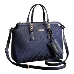 TOMMY HILFIGER - Cartera Satchel Negra con Monedero Monogram