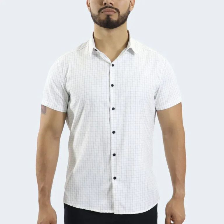 CAMISA MANGA CORTA A CUADROS PERFECT FIT - BLANCO