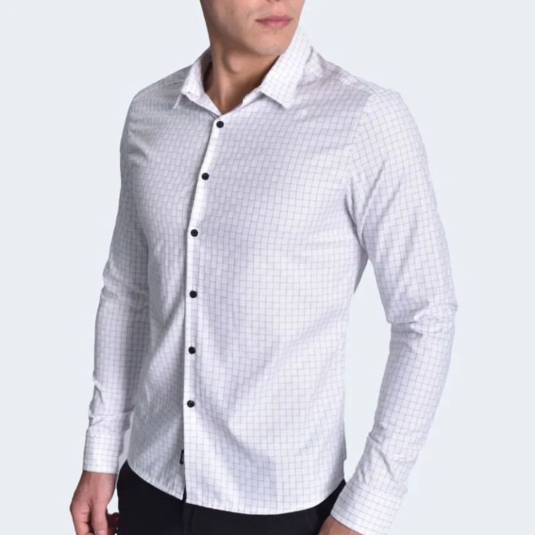 CAMISA A CUADROS MANGA LARGA - BLANCO