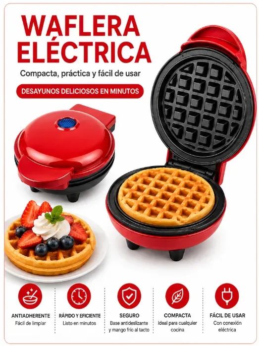 Waffle Maker Mini Eléctrica Antiadherente Compacta para Waffles Caseros de 350W Rojo