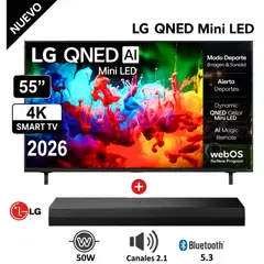 LG - Televisor QNED 55 UHD 4K ThinQ AI 55QNED65BSA + Soundbar