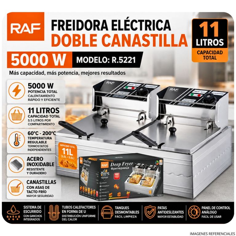 Freidora Eléctrica Doble Canastilla 11 litros Acero Inoxidable 5000 W RAF R.5221