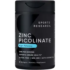 GENERICO - Sports Research Picolinato de zinc de alta potencia 30 mg con aceite de coco orgánico