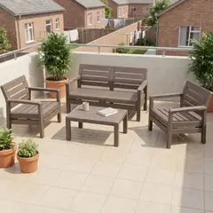 RIMAX - Sala Jardín 2 Sillones Mesa Sofá Doble Plástica Tipo Madera - Marrón