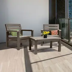 RIMAX - Juego Balcón Jardín Terraza 2 Sillones Mesa Plásticos Diseño Madera - Marrón