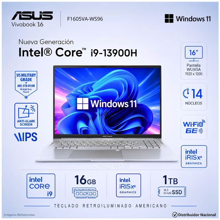 Laptop Notebook VIVOBOOK F1605VA-WS96 16 WUXGA Intel® Core™ i9-13900H 16GB RAM 1TB SSD RAM - COOL SILVER