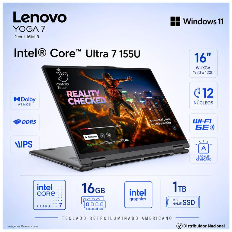 Laptop Yoga 7 2 en 1 Intel Core Ultra 7 155U 16 GB DDR5 RAM 1TB SSD 16" WUXGA TouchScreen