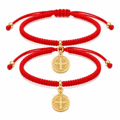 GENERICO - Set 2 Pulseras San Benito Pareja Hilo Rojo Ajustable Acero Inoxidable