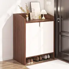 ELEMENT DESIGN - Mueble Zapatero de Entrada con Tapa Superior Madera y Blanco Cálido MDF E2, 2 Puertas, 60x29.8x70 cm