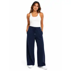 ENKI - Pantalón Palazzo Dama Algodón Frechterry Azul Navy Cintura Elástica Pierna Ancha Cómodo 2 Bolsillos