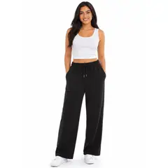 ENKI - Pantalón Palazzo Mujer Algodón French Terry Color Negro Cintura Elástica Tiro Alto Bolsillo Lateral