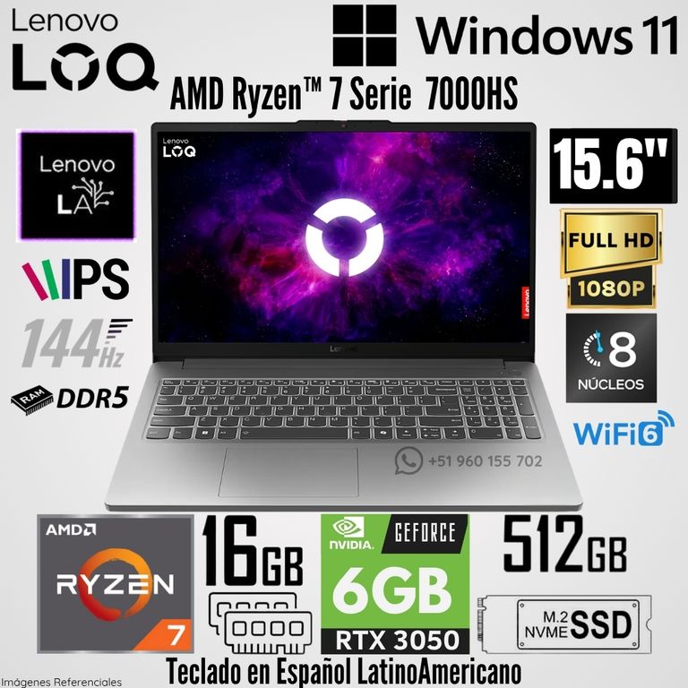 Laptop LOQ Essential 15ARP10E AMD Ryzen 7 7735HS 16GB RAM 512GB SSD RTX 3050-6GB 15.6" FHD