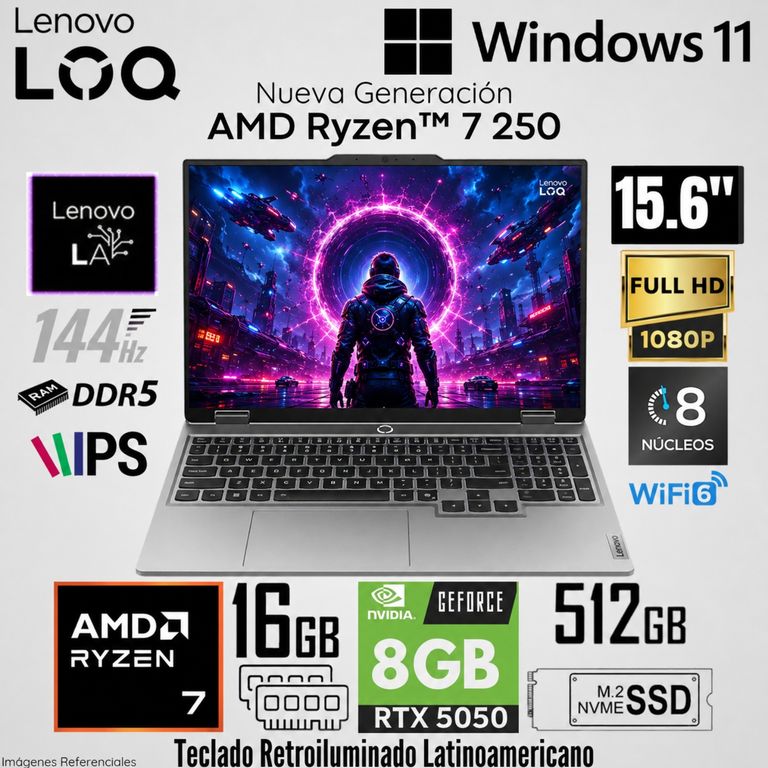Laptop LOQ 15AHP10 AMD Ryzen 7 250 16GB DDR5 512GB RTX 5050 8GB 15.6″ FHD 144Hz - 83JG00B1LM