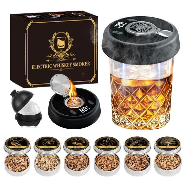 Ahumador de whisky electrico, Recargable ahumador de cocteles con 6 materiales para fumar con sabor