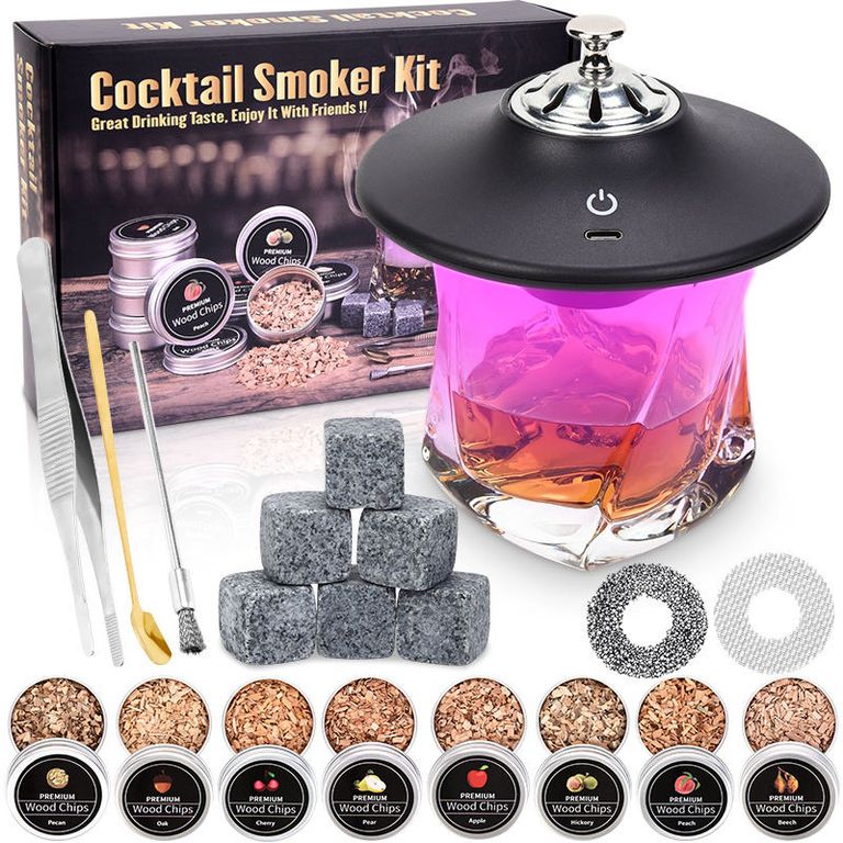 Ahumador de whisky electrico, Recargable ahumador de cocteles con 8 materiales para fumar con sabor