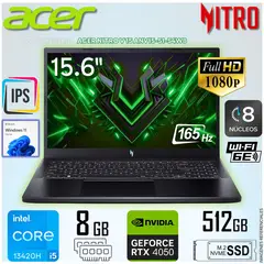 ACER - Laptop Gamer Nitro V15 Core i5-13420H 8GB RAM 512GB SSD 15.6 FHD RTX4050-6GB w11 home ANV15-51-54W8