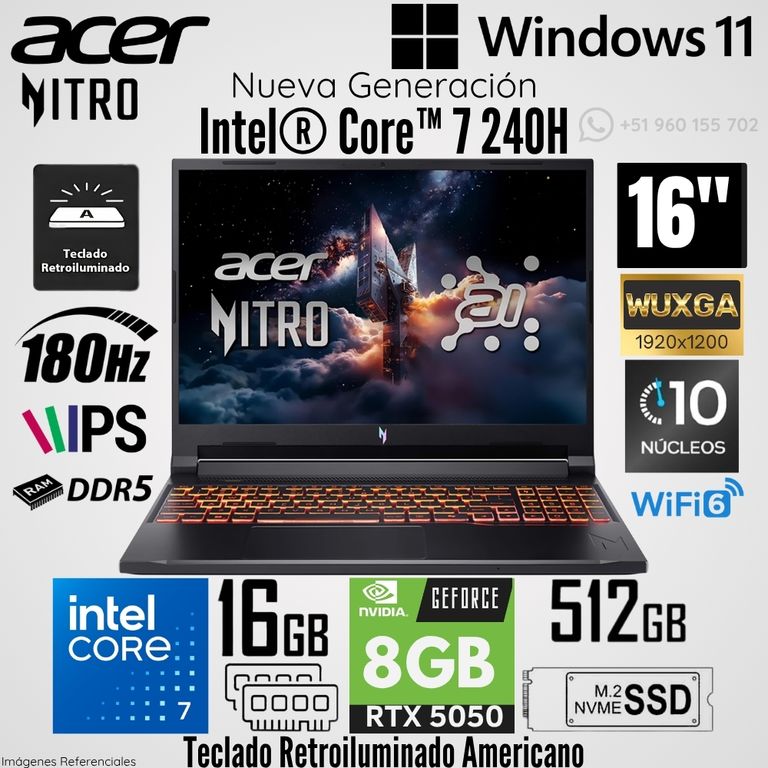 Laptop Nitro V16 ANV16-72 Intel Core 7 240H 16GB RAM 512GB SSD RTX 5050-8GB 16" WUXGA 180 Hz