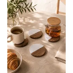 GENERICO - 4 Posavasos Diseño tipo Mármol Blanco y Madera Natural