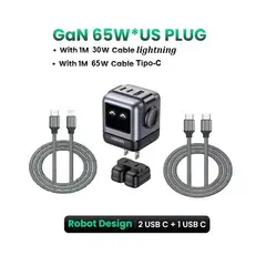 UGREEN - Cargador Robot 65W 15570 mas Cable lightning yTipo-C