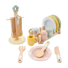 GENERICO - Set Cocina Montessori Vajilla Infantil Colores Pastel - Juguete Madera Didactico