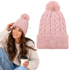 OEM - Gorro Con Pompón Tejido Poliéster Para Invierno Color Crema