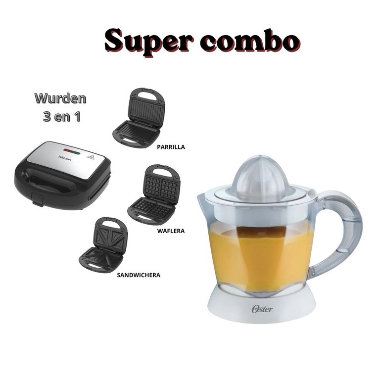 Sandwichera Wurden 3 en 1 Placas Intercambiables WSM-BRATEN31 + Exprimidor Oster eléctrico