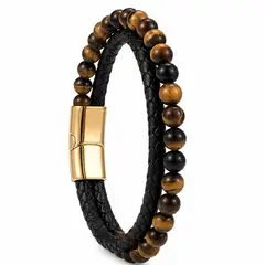 GENERICO - Pulsera Hombre Doble Cuero Negro con Ojo de Tigre y Cierre Magnético Dorado Acero Inoxidable