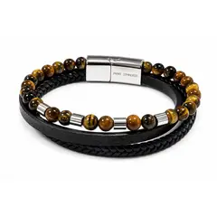 GENERICO - Pulsera Hombre Cuero Negro y Ojo de Tigre Natural Acero Inoxidable Premium