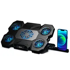 AIRBOOM - Cooler Supreme para Laptop 9" a 17" Base Gamer 5 Ventiladores LED Azul con Soporte Celular