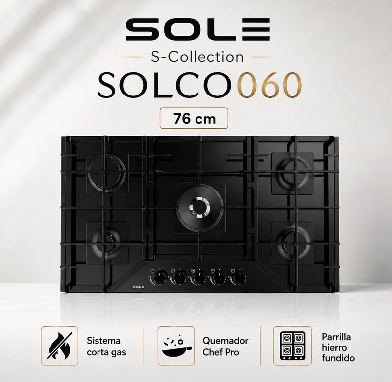 Encimera Vidrio Templado S-Collection A Gas 76cm SOLCO060
