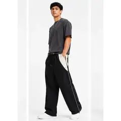 ENKI - PANTALÓN WIDE LEG HOMBRE TELA NOVA NEGRO CON CREMA BICOLOR CINTURA ELÁSTICA CON CORDÓN